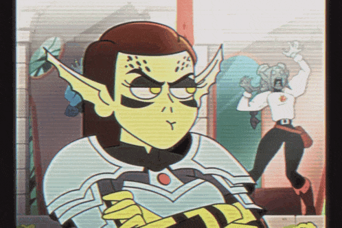 a cartoon drawing of a woman with a yellow face and ears