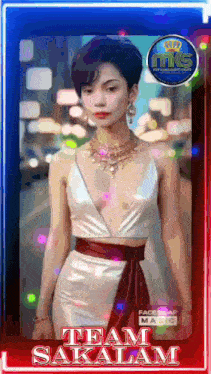 a woman in a white dress with a red sash around her waist is on a team sakalam poster