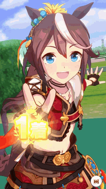 a girl in a red dress is holding a gold item that says 1 on it