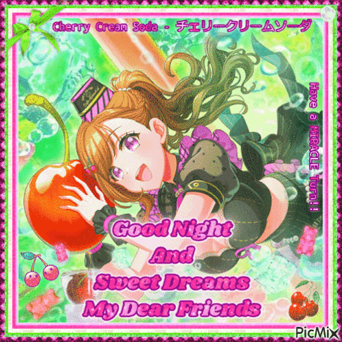 a picture of a girl with a cherry on her head and the words good night and sweet dreams my dear friends