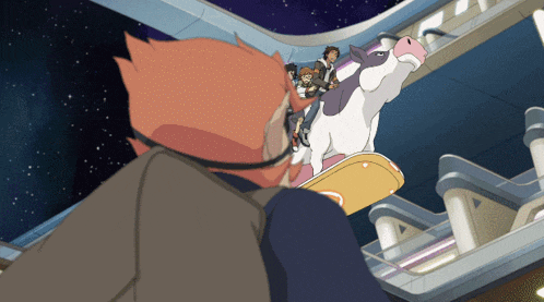 a group of people are riding a cow on a skateboard in a cartoon