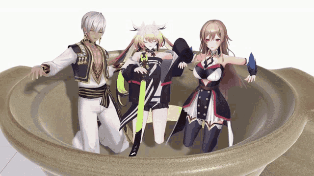three anime characters are in a large pot