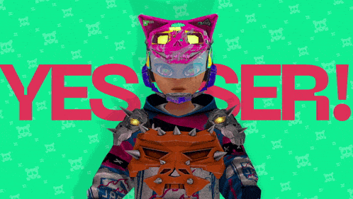 a person wearing a pink cat ear helmet is holding a mask in front of the word yesser