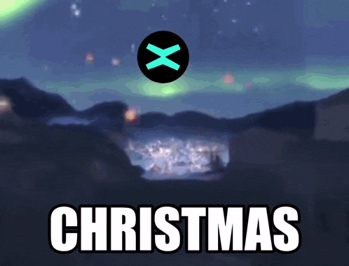 a christmas poster with a blurred background and a green x