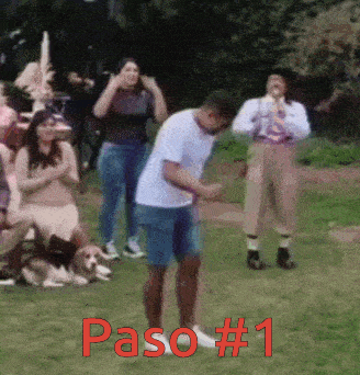 a group of people are standing in a grassy area with the words paso # 1 written in red