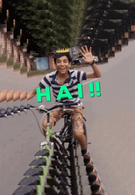 a boy wearing a crown is riding a bike with the word hai written on the side