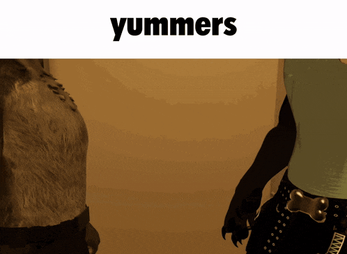 a picture of a wolf and a woman with the word yummers on the bottom