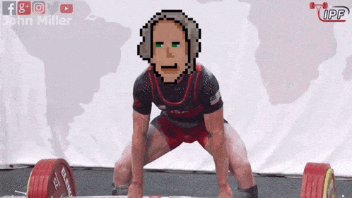 a pixel art of a man lifting a barbell with the name john miller on the bottom right