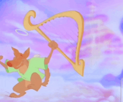 a cartoon dog is holding a harp and wearing a halo