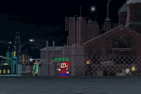 a pixel art scene with a sign that says " kazu " on it