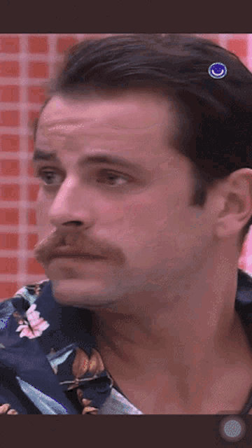 a man with a mustache is wearing a blue shirt