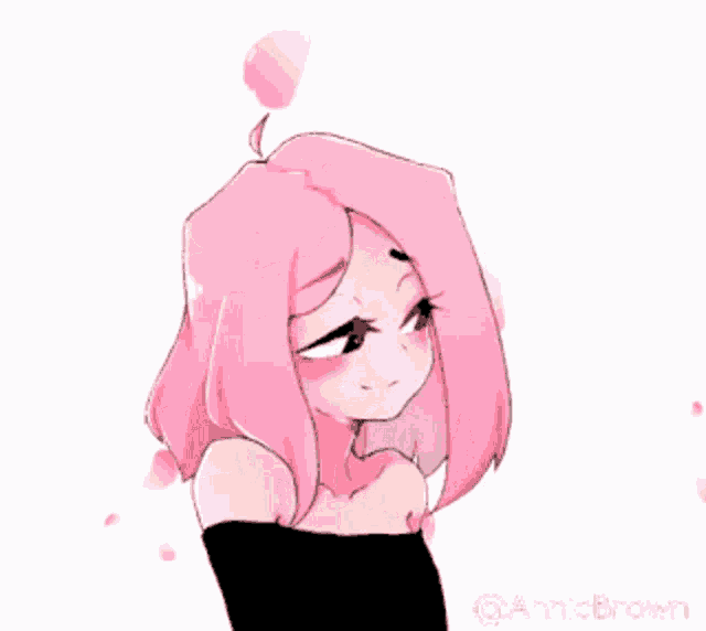 a girl with pink hair is blowing a kiss with petals flying around her