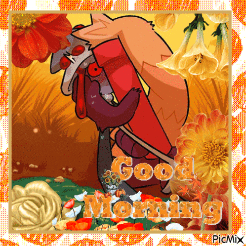 a picture of a cartoon character with the words good morning written on it