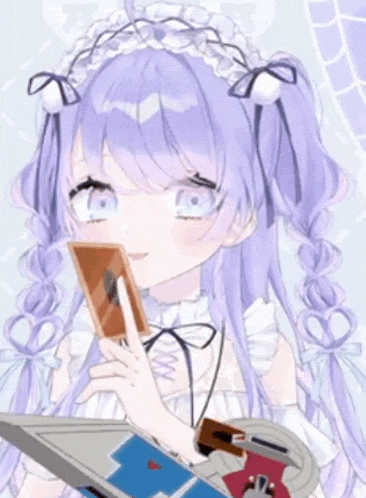 a girl with purple hair is holding a sword and a card .