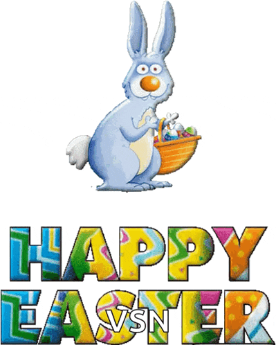 a happy easter greeting with a bunny holding an easter basket of eggs
