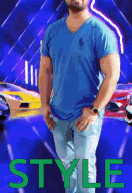 a man in a blue shirt is standing in front of a wall with cars and the word style written on it