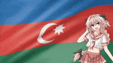 a girl in a school uniform stands in front of a flag with a crescent moon and star on it