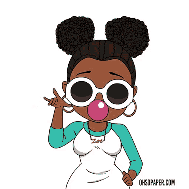 a cartoon of a girl blowing a pink bubble with the words girl bye behind her