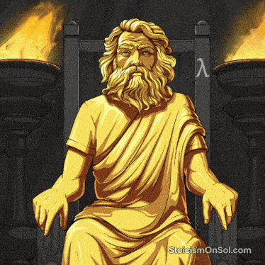 a statue of a man with a beard is sitting on a throne with a flame behind him