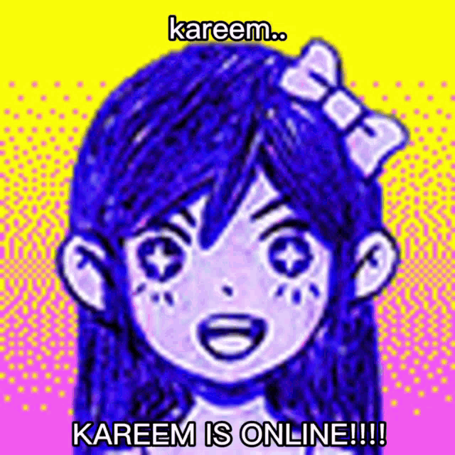 a drawing of a girl with blue hair and a bow on her head says kareem kareem is online