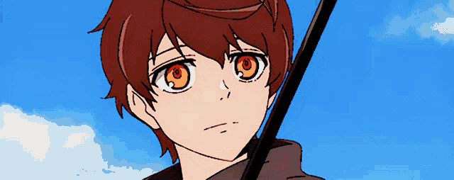 a boy with red hair and orange eyes is holding a black stick