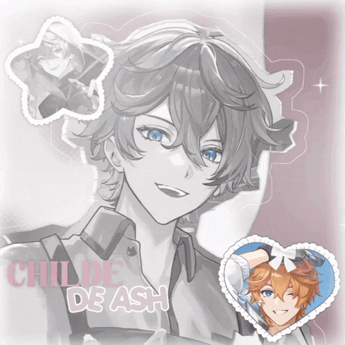 a black and white drawing of childe de ash with a heart around him
