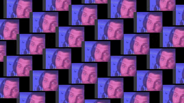 a repeating pattern of images of a man with headphones and a purple background