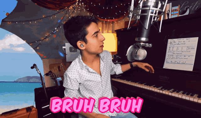 a man playing a piano with the words bruh bruh on the bottom right