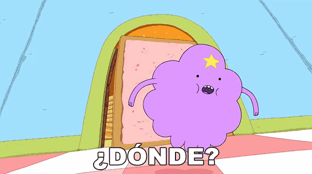 a cartoon character with a star on his head is standing in front of a door that says ¿donde?