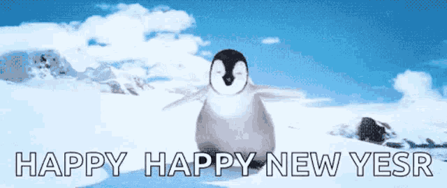 a penguin is dancing in the snow with the words happy new year written below it