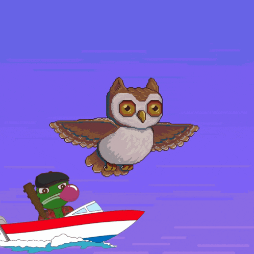 a pixel art of an owl flying over a boat with a frog in it