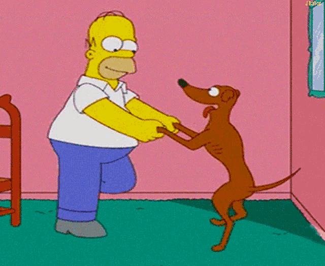 a cartoon of homer simpson holding a dog 's paw