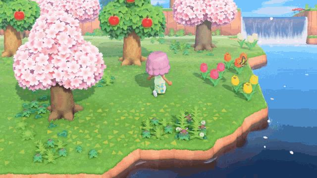 a girl in a pink hat is standing on a grassy island in a video game