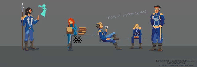 a pixel art of a man holding a spear and a woman sitting in a chair