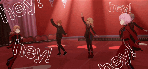 a group of anime characters are dancing on a stage with the words hey surrounding them