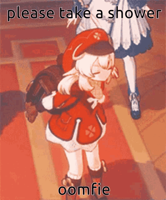 a picture of a girl with the words " please take a shower oomfie " on it