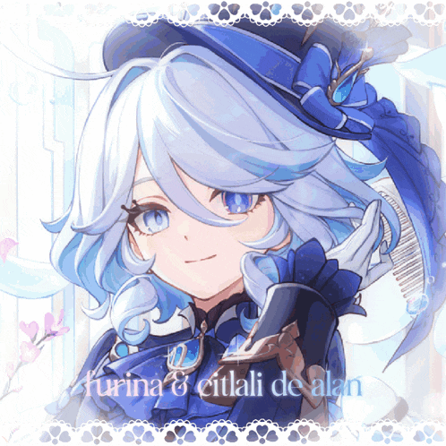 a drawing of a girl with white hair and a blue hat with the words " furina 8 citali de alan "