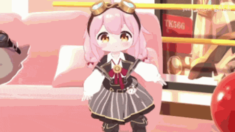 a little girl with pink hair and goggles on her head
