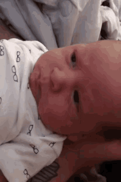 a baby wearing a bib with glasses on it looks at the camera