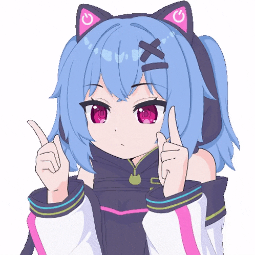 a blue haired anime girl with a cat ear and a power button on her head