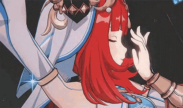 a close up of a cartoon character with red hair and a white dress .