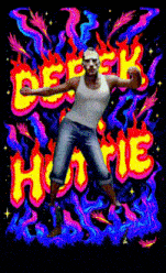 a man in a tank top is dancing in front of a colorful background that says " derek hoodie "