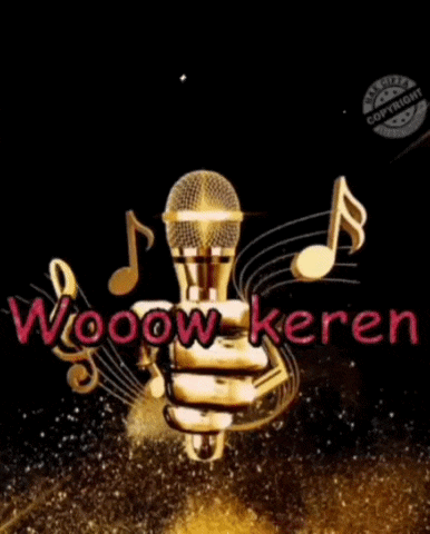 a hand is holding a microphone with the words wooow keren written on it .