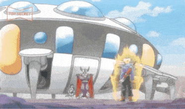 a cartoon drawing of a man standing in front of a space ship with the words top secret on the bottom right