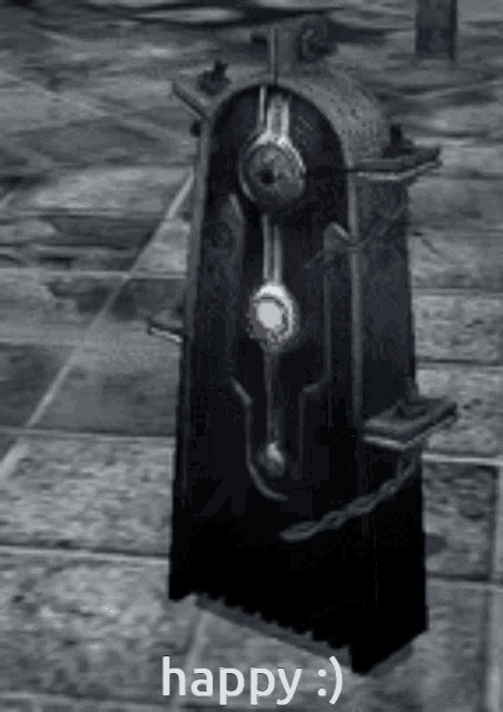 a black and white photo of a machine with the words happy written on it .