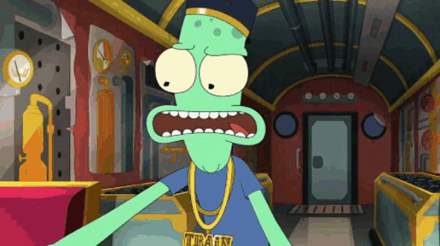 a cartoon character wearing a shirt that says train on it