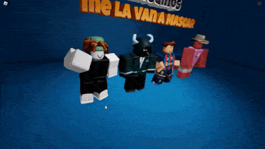 a group of roblox characters standing in front of a sign that says la valia mascar