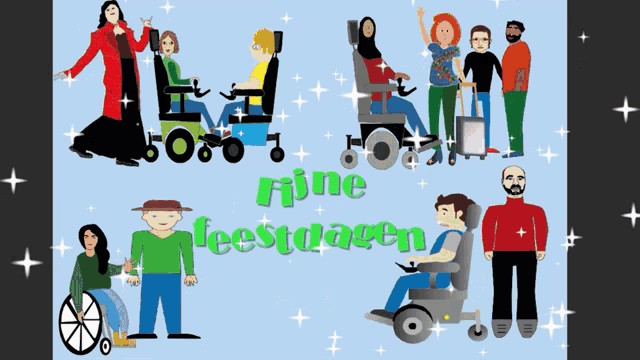 a christmas card with people in wheelchairs and scooters and the words fijne feestdagen in green