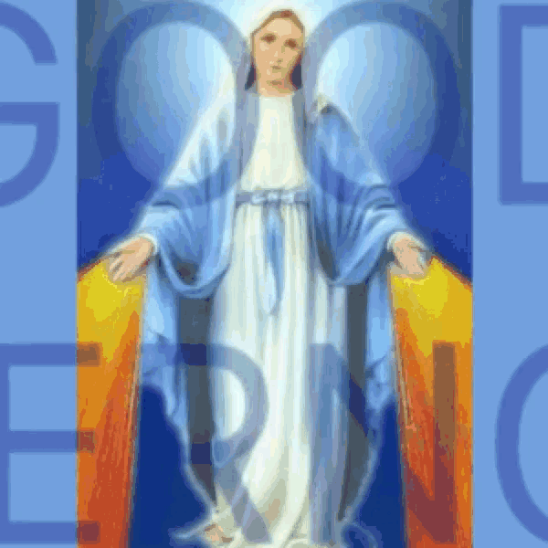 a painting of a woman in a blue and white robe with the word god written on the bottom