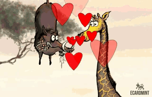a cartoon of a giraffe and a boar surrounded by hearts and ecardmint